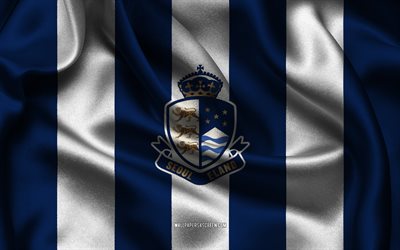 4k, logo seoul e land fc, tessuto di seta bianca blu, squadra di calcio sudcoreana, emblema di seoul e land fc, k league 2, seoul e land fc, corea del sud, calcio, seoul e land