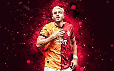 4k, baris alper yilmaz, contexte abstrait violet, galatasaray fc, super lig, footballeurs turcs, néons violets, baris alper yilmaz 4k, football, galatasaray sk, baris alper yilmaz galatasaray