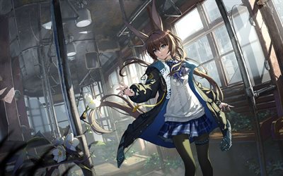 4k, amiya, alte straßenbahn, manga, arknights, blaue augen, kunstwerk, anime  charaktere, arknights charaktere, amiya arknights