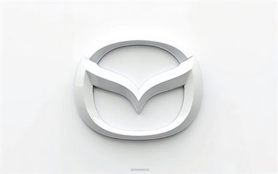 4k, mazda 3d white logo, fond blanc, voitures japonaises, logo mazda, marques automobiles, emblème mazda, mazda