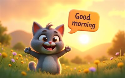 4k, buen día, dibujos animados de gato gris, arte 3d, amanecer, burbujas de habla, buenos días deseos, verano, mascotas, gatos, gato gris, gatos de dibujos animados, conceptos de buenos días