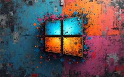 4k, windows 10グランジロゴ, スプラッシュをペイントします, クリエイティブ, カラフルなグランジの背景, ブランド, windows 10カラフルなロゴ, osロゴ, windows 10抽象ロゴ, アートワーク, windows 10ロゴ, windows 10 3dロゴ, windows 10