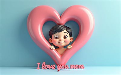 4k, te amo inscripción mamá, dibujos animados 3d chico en corazón, te amo mensaje mamá, hijo y mamá, confesión a mamá, feliz día de la madres, te amo mamá