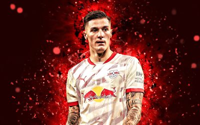 4k, benjamin sesko, kırmızı soyut arka plan, rb leipzig, bundesliga, sloven futbolcuları, kırmızı neon işıklar, benjamin sesko 4k, futbol, rasenballsport leipzig, benjamin sesko rb leipzig