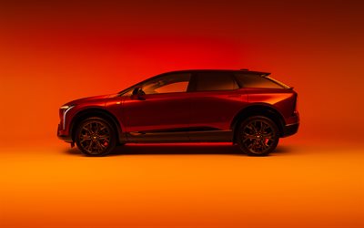 4k, cadillac optiq, vista laterale, 2025 auto, auto elettriche, eu spec, orange cadillac optiq, 2025 cadillac optiq, auto americane, cadillac