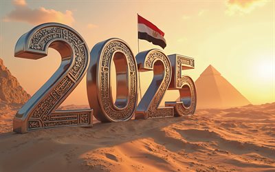 2025 Egypt, 4k, Egyptian pyramids, travel to Egypt, summer 2025 in Egypt, desert, Egypt 2025 digits, 3d art, Egyptian flag, 2025 3d digits, 2025 concepts