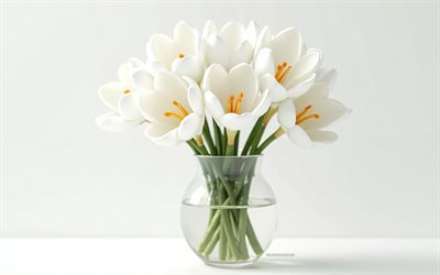 4k, bouquet di cocus bianchi, fiori 3d, crocus bianchi, sfondo con crocus bianchi, fiori bianchi, crocus bianchi in un vaso
