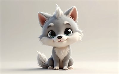 4k, netter 3d  wolf, cartoon 3d wolf, süße tiere, wolf, 3d  tiere, cartoon 3d  tiere, lustiger wolf, kleiner wolf, grauer hintergrund