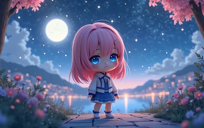 4k, Megurine Luka, chibi art, Vocaloid, night, Luka Megurine, 3D art, Vocaloid characters, Megurine Luka chibi, Megurine Ruka, pink hair, Megurine Luka Vocaloid