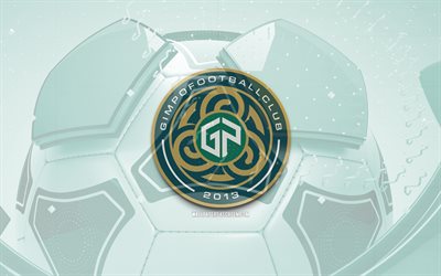 gimpo fc glossy logo, 4k, grüner fußball hintergrund, k league 2, fußball, gimpo fc, südkoreanischer fußballverein, gimpo fc emblem, gimpo fc logo, fc gimpo