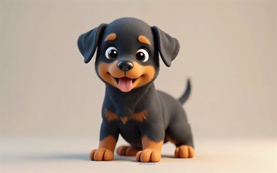 4k, netter 3d rottweiler, cartoon 3d waschbär, süße tiere, rottweiler, 3d  tiere, cartoon 3d  tiere, lustiger rottweiler, little rottweiler, orangefarbener hintergrund, 3d  hunde