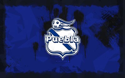 logotipo de club puebla grunge, 4k, liga mx, fondo de grunge azul, fútbol, emblema de club puebla, fútbol americano, logotipo de club puebla, club puebla, club de fútbol mexicano, club puebla fc