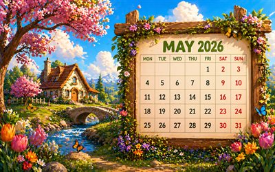 4k, 2026 May Calendar, cartoon landscape, Hello May, cartoon nature, wooden frame, May 2026, spring calendars, May 2026 Calendar, spring, May calendars, 2026 calendars, May