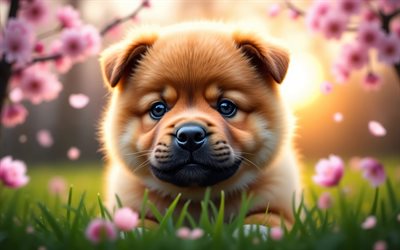 4k, Chow Chow puppy, sunset, spring, cherry blossom, dogs, cute animals, puppies, pets, Chow Chow, bokeh, spring flowers, Chow Chow Dog