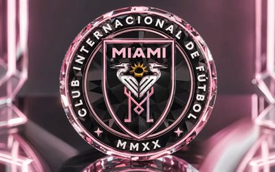 Inter Miami crystal logo, pink metal background, Inter Miami emblem, Inter Miami logo, precious stones, Inter Miami crystal sign, MLS, USA, football, Inter Miami, Inter Miami CF logo, Inter Miami CF