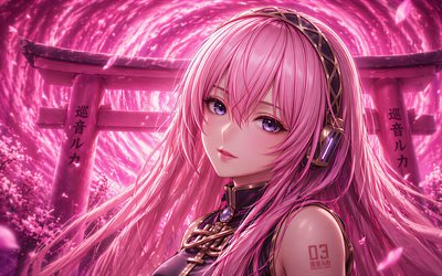 4k, Megurine Luka, Torii gates, spring, CV03, Vocaloid, pink abstract background, pink star, Torii, pink hair, Vocaloid 03, abstract art, Character Vocal Series, Luka Megurine, Vocaloid characters, Megurine Luka Vocaloid
