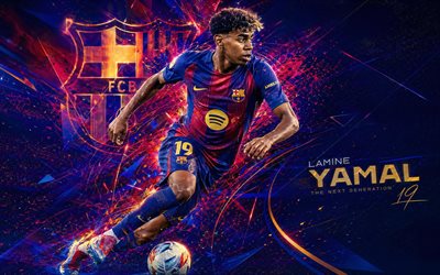 yamine lamal, fc barselona, hayran sanatı, mavi kestane rengi arka plan, yamine lamal fc barcelona, yaratıcı sanat, fc barcelona logosu, yamine lamal barselona, futbol, barselona