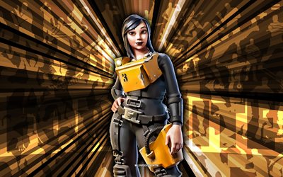 4k, konemies mina, keltaisten säteiden tausta, konemies mina skin, koneistaja mina fortnite, abstrakti taide, fortnite machinist mina skin, fortnite hahmot, fortnite, luovaa taidetta