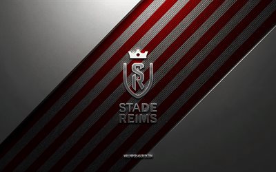 stade de reims logo, 4k, stahlhintergrund, französischer fußballverein, rote weiße linien, stade de reims emblem, ligue 2, stade de reims, frankreich, fußball, stade de reims logo aus metall