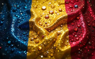 Romania flag, 4K, gemstones, flag of Romania, crystals, shiny stones, Romania, creative art, red yellow blue gemstones, red crystals, Romanian flag