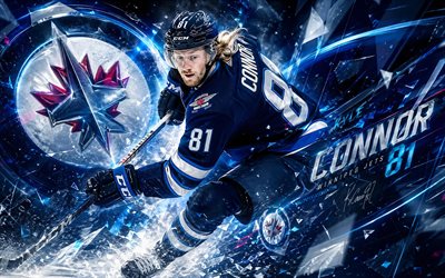 カイル・コナー, 4k, 青白のデジタル背景, ウィニペグ ジェッツ, nhl, ホッケー, カイル・コナー 4k, ウィニペグ・ジェッツのロゴ, ファンアート, カイル・コナー ウィニペグ・ジェッツ