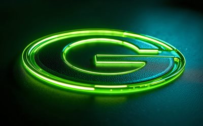 Green Bay Packers glowing logo, 4k, green metal background, Green Bay Packers logo, green neon light, Green Bay Packers emblem, USA, Green Bay Packers, American football, NFL