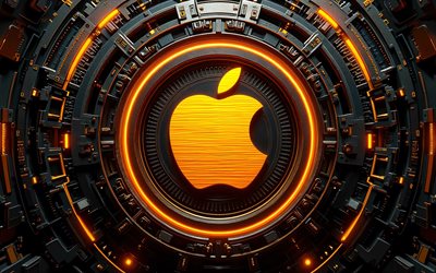 شعار أبل ثلاثي الأبعاد, 4k, خلفية داكنة عالية التقنية, وهج ذهبي, الموصلات, العلامات التجارية للإلكترونيات, شعار أبل الذهبي, شعار أبل على الدائرة الدقيقة, العلامات التجارية, شعار أبل متوهج, عمل فني, شعار أبل, تفاحة