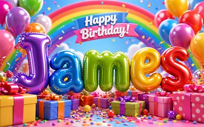 ジェームス, 4k, カラフルな風船の文字, 3dアート, ジェームズの名前, クリエイティブ, ジェームズの誕生日, カラフルなギフトボックス, 人気のあるアメリカ人男性の名前, カラフルな背景, ジェームスお誕生日おめでとう, ジェームズの名前が入った写真, ジェームズさんお誕生日おめでとう