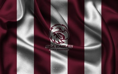 4k, Manly Warringah Sea Eagles logo, Australian rugby team, NRL, burgundy white silk fabric, National Rugby League, Manly Warringah Sea Eagles emblem, Manly Warringah Sea Eagles, Australia, rugby