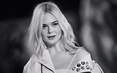 Elle Fanning, 4k, monochrome, movie stars, Hollywood, american actress, beauty, blonde woman, american celebrity, Elle Fanning photoshoot