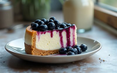 tarta de queso con arándanos, 4k, rebanada de tarta de queso en un plato, arándanos, tarta de queso, dulces, productos horneados, pasteles