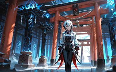 arlequim, 4k, noite, brilho azul, impacto genshin, portão torii, olhos vermelhos, torii, personagens de anime, obra de arte, personagens do impacto genshin, arlequim genshin impact