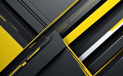 4k, fond noir jaune, conception matérielle, lignes jaunes, textures 3d, oeuvre d'art, art du métal, géométrie, arrière plans abstraits, arrière plans géométriques, abstractions, arrière plans abstraits noirs