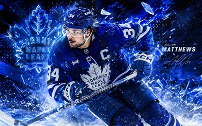 オーストン・マシューズ, 4k, 青白のデジタル背景, トロント メープル リーフス, nhl, ホッケー, オーストン・マシューズ 4k, トロント メープル リーフスのロゴ, ファンアート, オーストン マシューズ トロント メープル リーフス