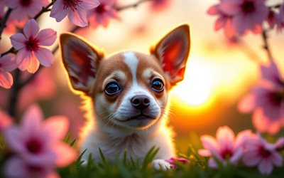 4k, chiot chihuahua, coucher de soleil, printemps, fleur de cerisier, chiens, animaux mignons, chiots, animaux de compagnie, chihuahua, bokeh, fleurs de printemps, chien chihuahua