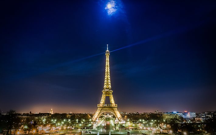 पेरिस, चंद्रमा, एफिल टॉवर, पार्क, रात, फ्रांस