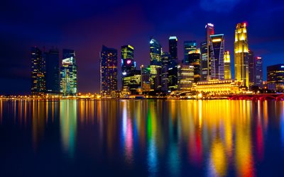 singapore, natt, skyskrapor, ljus, marina bay
