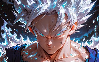 4k, ultra instinto goku, llamas de fuego plateado, obra de arte, bola de dragón, arte abstracto, migatte no gokui, de cerca, ultra instinto dominado, dragon ball super, hijo goku, super saiyan dios, dbs