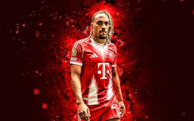 4k, sacha boey, kreativ, roter abstrakter hintergrund, bayern münchen fc, französische fußballer, sacha boey 4k, rote neonlichter, bundesliga, fußball, sacha boey bayern münchen