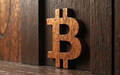 Bitcoin logo, 4k, creative art, Bitcoin 3d brown wooden logo, black wooden backround, Bitcoin 3d logo, Bitcoin, 3d Bitcoin emblem