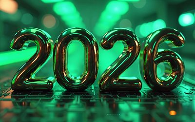 2026 3d digits, 4k, 2026 concepts, 2026 metal digits, green neon lights, green 2026 background, 2026 digits, background with 2026 digits