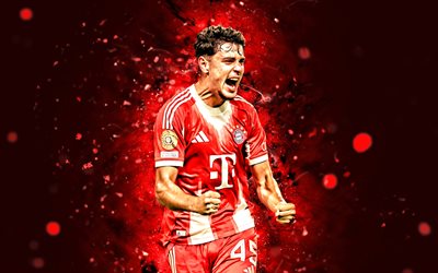 4k, Aleksandar Pavlovic, red abstract background, Bayern Munich, Bundesliga, german footballers, Aleksandar Pavlovic 4K, red neon lights, football, soccer, FC Bayern Munich, Aleksandar Pavlovic Bayern Munich