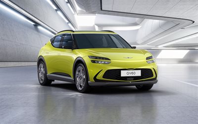 genesis gv60, 4k, otopark, 2022 araba, sarı genesis gv60, geçitler, 2022 genesis gv60, kore arabaları, genesis
