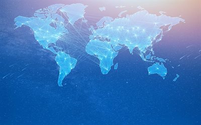 carte du monde bleu, 4k, carte du monde numérique, concepts de communication, concepts de carte du monde, réseaux, créatif, cartes du monde, concepts de réseaux