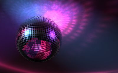puprle discokugel, 4k, nachtclub, discobolus, bild mit discokugel, nachtparty, discoparty, discokugeln