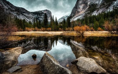 4k, parque nacional de yosemite, outono, rio, montanhas, califórnia, américa, eua, bela natureza, floresta, marcos americanos
