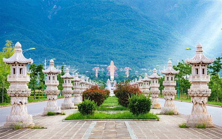 Three Pagodas, 4k, chinese landmarks, summer, beautiful nature, Dali, Yunnan, China, Asia