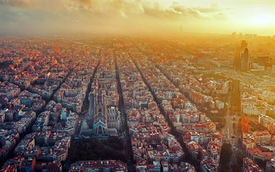 barcelona, 4k, ciudades españolas, panorama, horizonte de paisajes urbanos, españa, puesta de sol, europa, paisaje urbano de barcelona