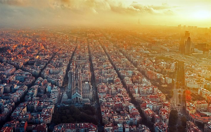 barcelona, 4k, espanjalaiset kaupungit, panoraama, horisontti kaupunkimaisemat, espanja, auringonlasku, eurooppa, barcelonan kaupunkikuva