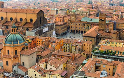 Bologna, aerial view, area, Bologna panorama, Piazza Maggiore, Bologna cityscape, stone buildings, Emilia-Romagna, Italy